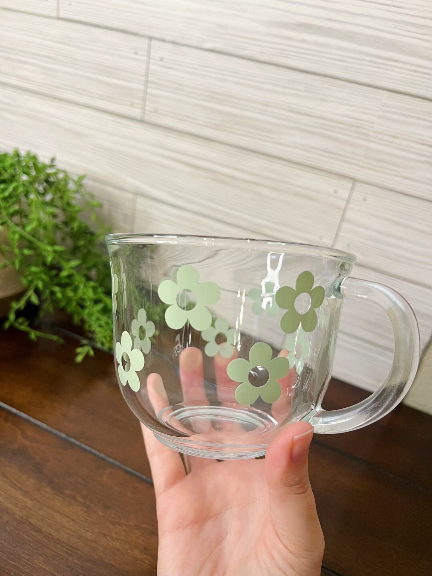 Glass Coffee Mug - Mint Green Daisy