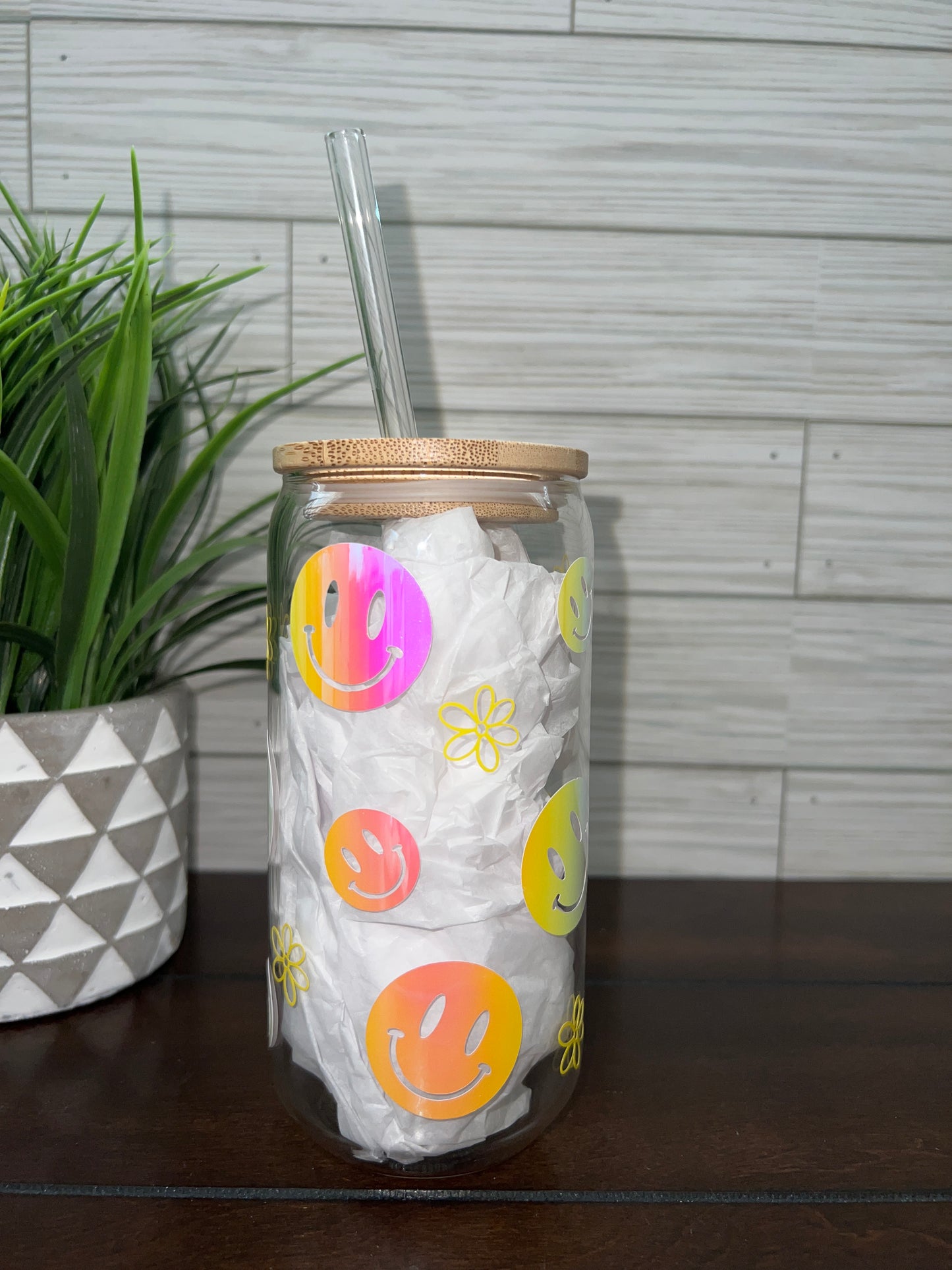 Glass Can - Holographic Smiley Face & Yellow Daisies