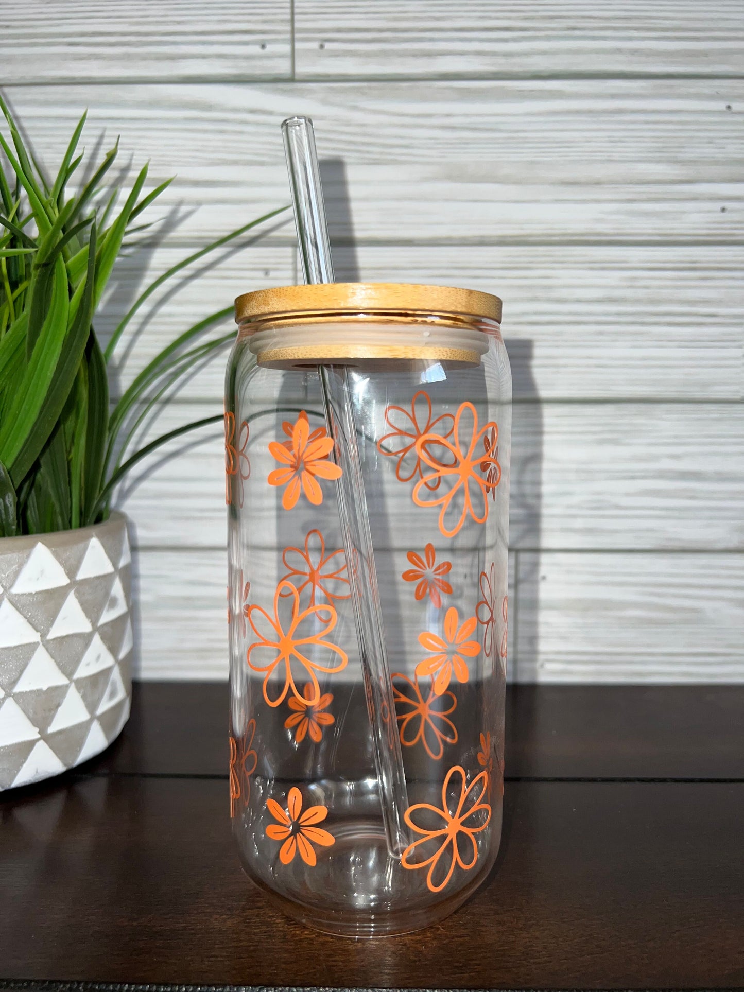 Glass Can - Orange Daisy Flowers