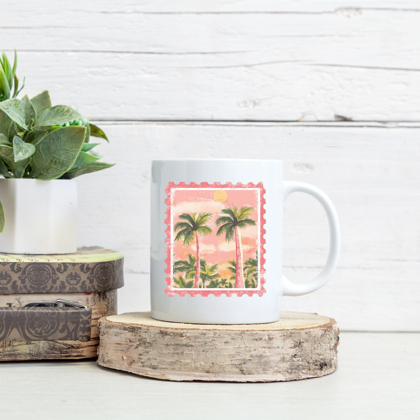 Coffee Mug - Pink Palm Tree Postage Stamp