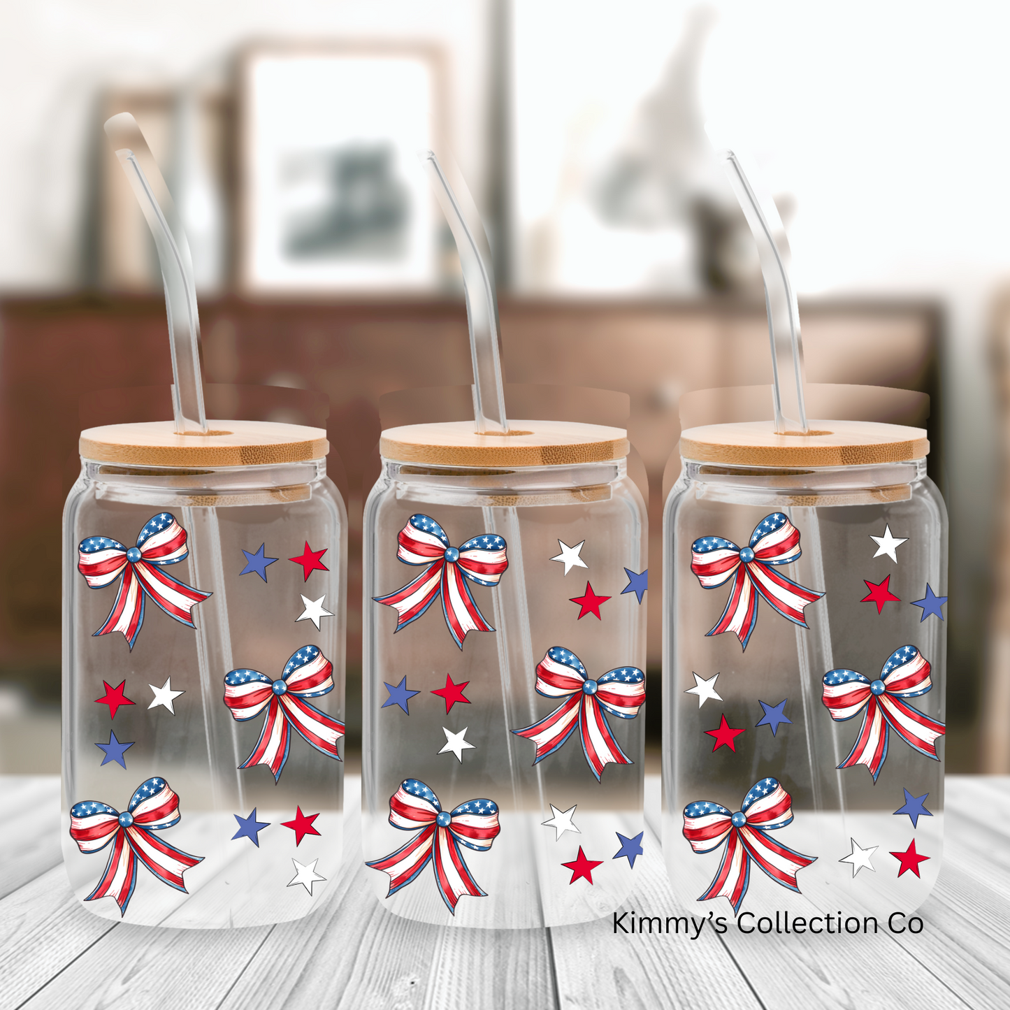 Glass Can - Patriotic Bows & Stars