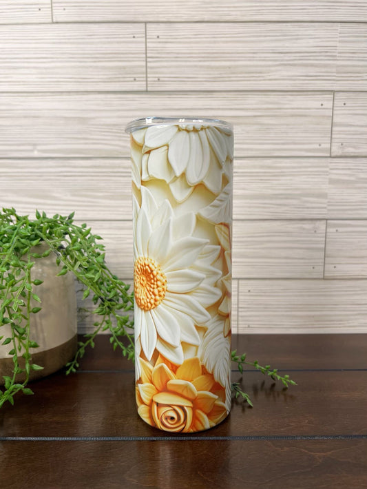 Tumbler - 3D White & Orange Flowers