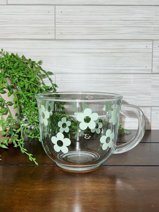 Glass Coffee Mug - Mint Green Daisy