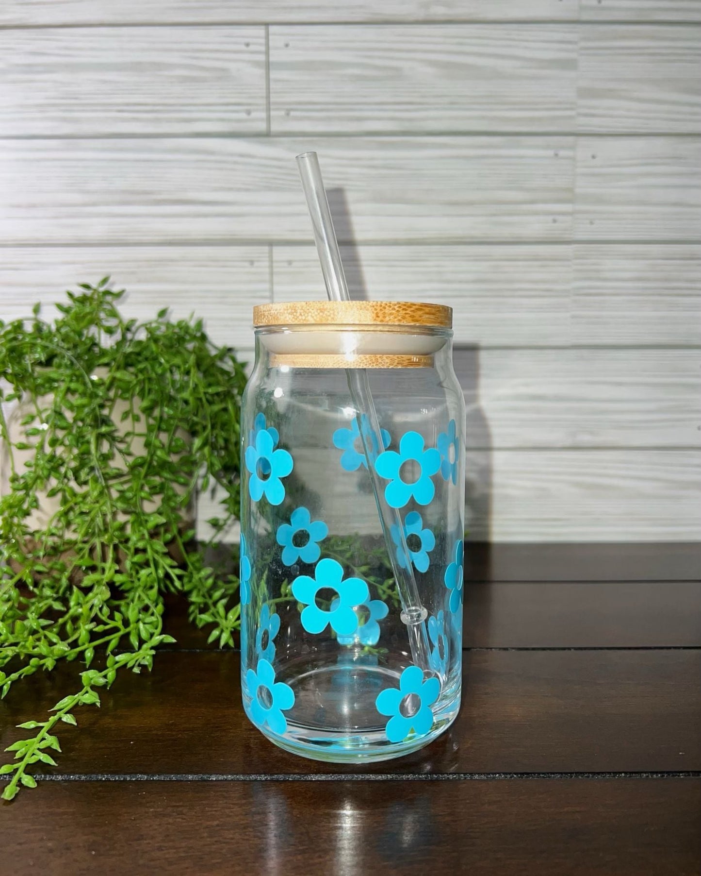 Glass Can - Blue Daisy Flowers