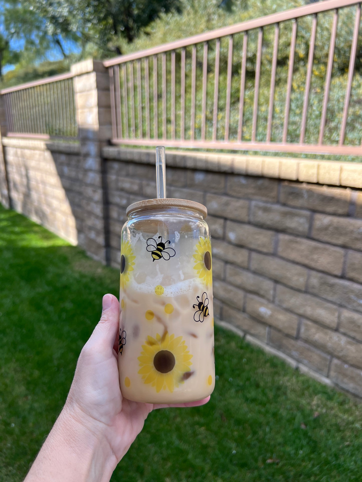 Glass Can - Bees and Sunflowers