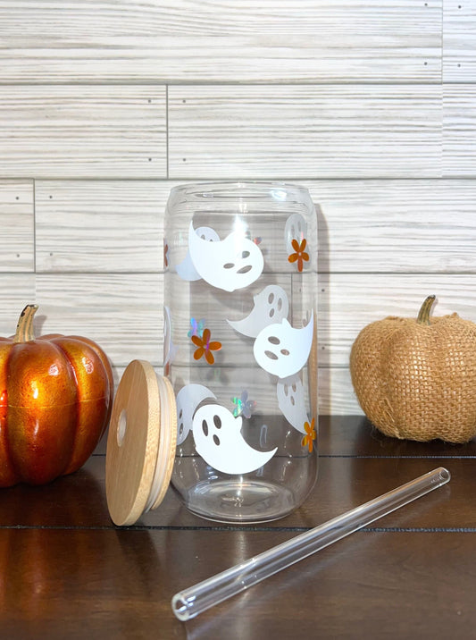 Glass Can - Halloween Ghosts and Flowers