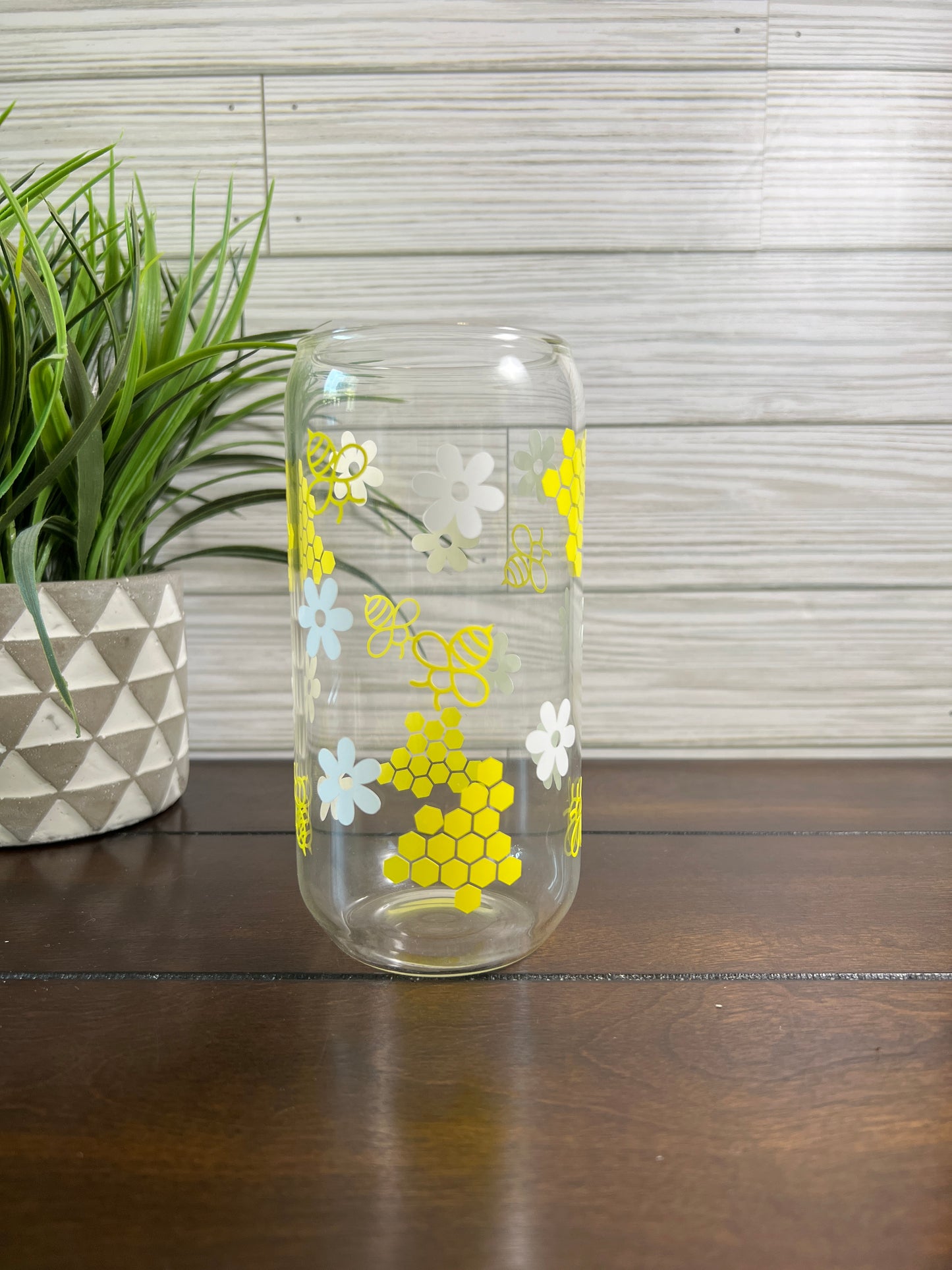 Glass Can - Bees and Daisies