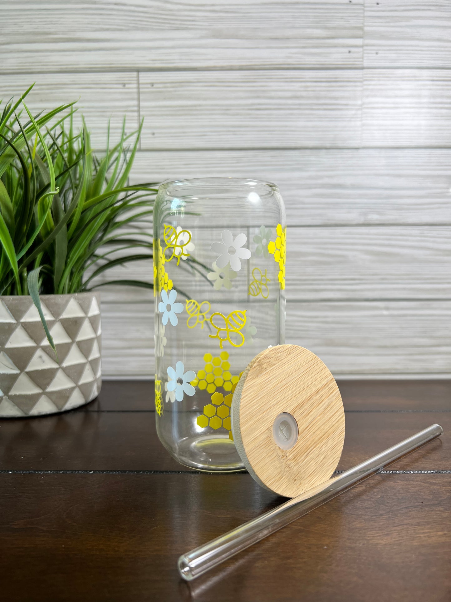 Glass Can - Bees and Daisies