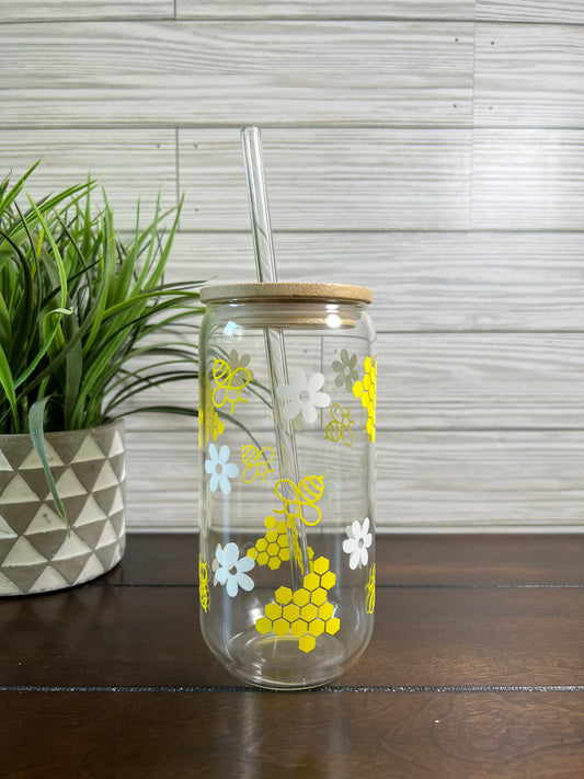 Glass Can - Bees and Daisies