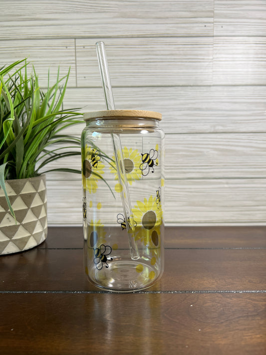 Glass Can - Bees and Sunflowers