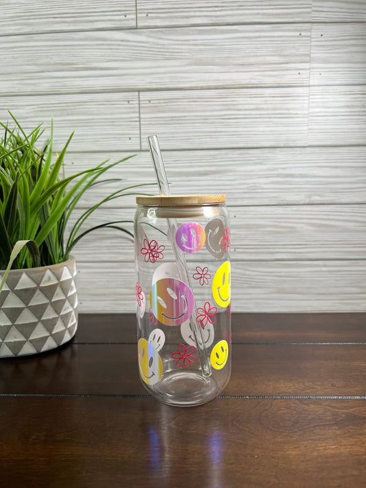 Glass Can - Holographic Smiley Face & Pink Daisies