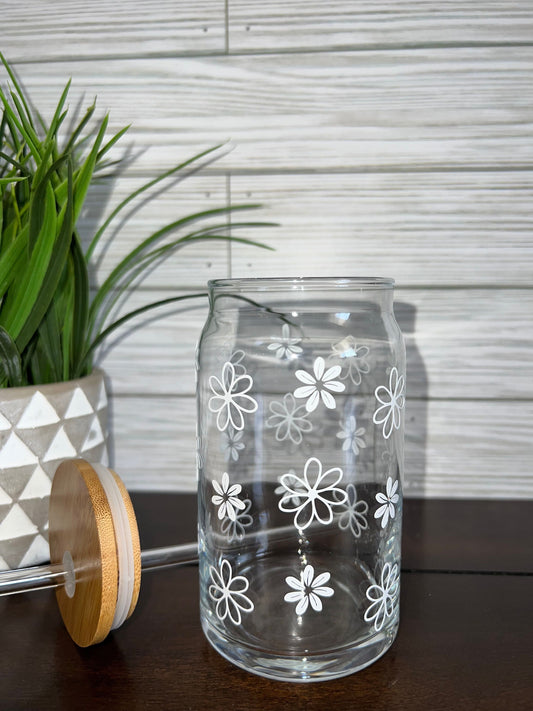 Glass Can - White Daisy Flowers