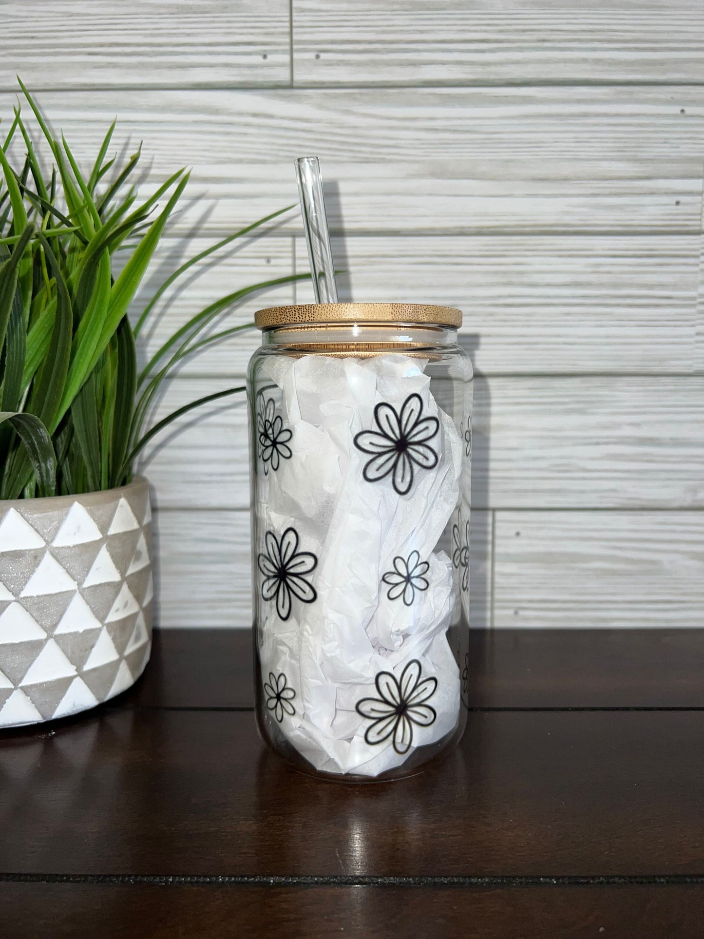 Glass Can - Black Daisy Flower