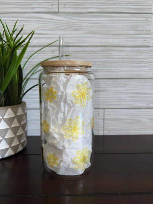 Glass Can - Yellow Daisy Flower