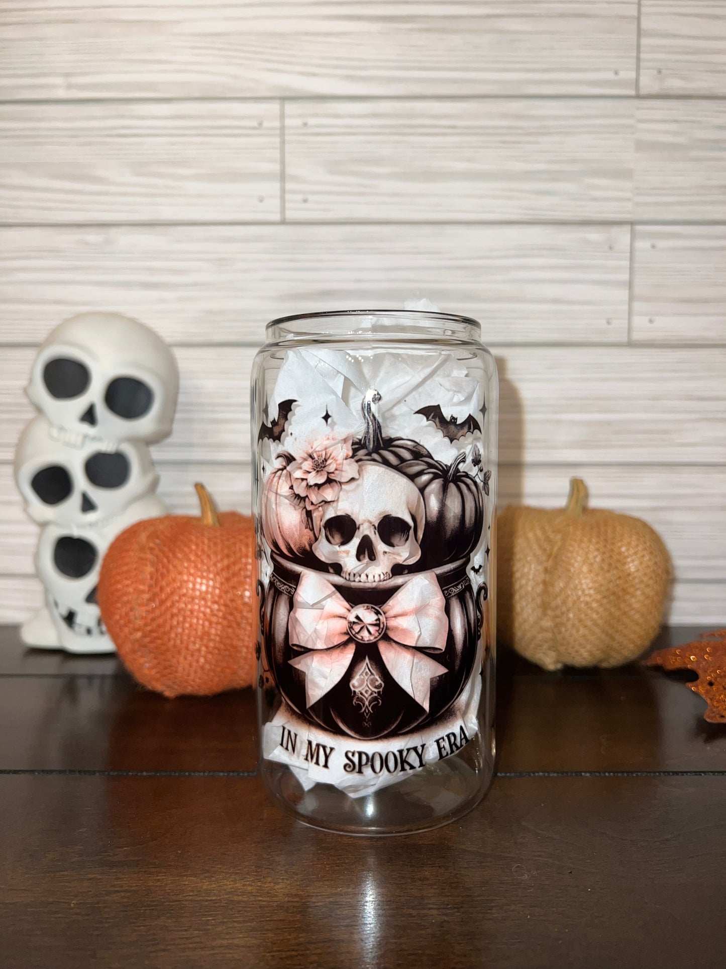 Glass Can - Halloween Vintage Skeleton with Pink Bows