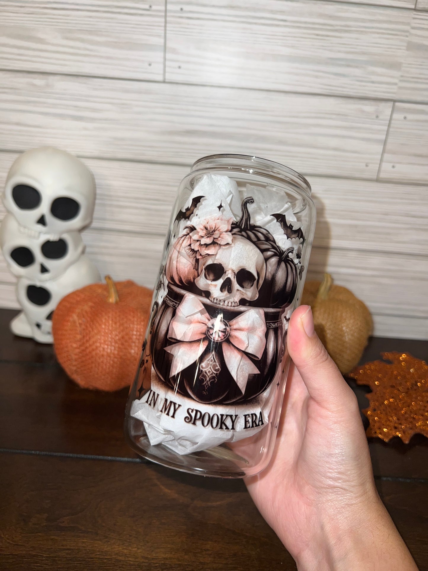 Glass Can - Halloween Vintage Skeleton with Pink Bows