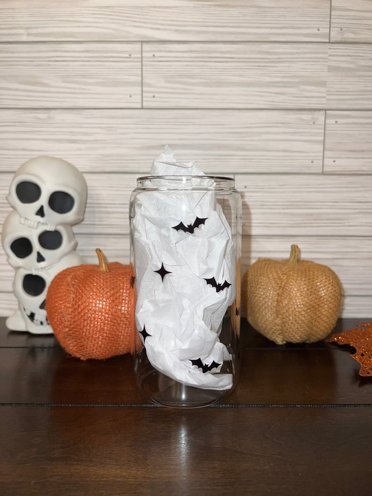 Glass Can - Halloween Vintage Skeleton with Pink Bows