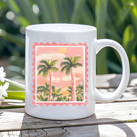 Coffee Mug - Pink Palm Tree Postage Stamp
