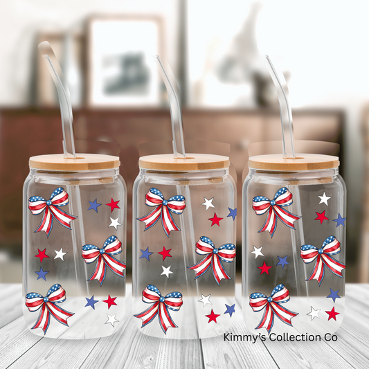 Glass Can - Patriotic Bows & Stars